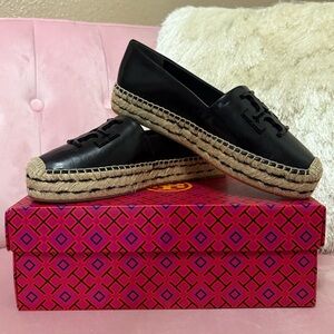 TORY BURCH Platform Espadrilles. Black. Size 7. Goat Leather. NEW IN BOX
